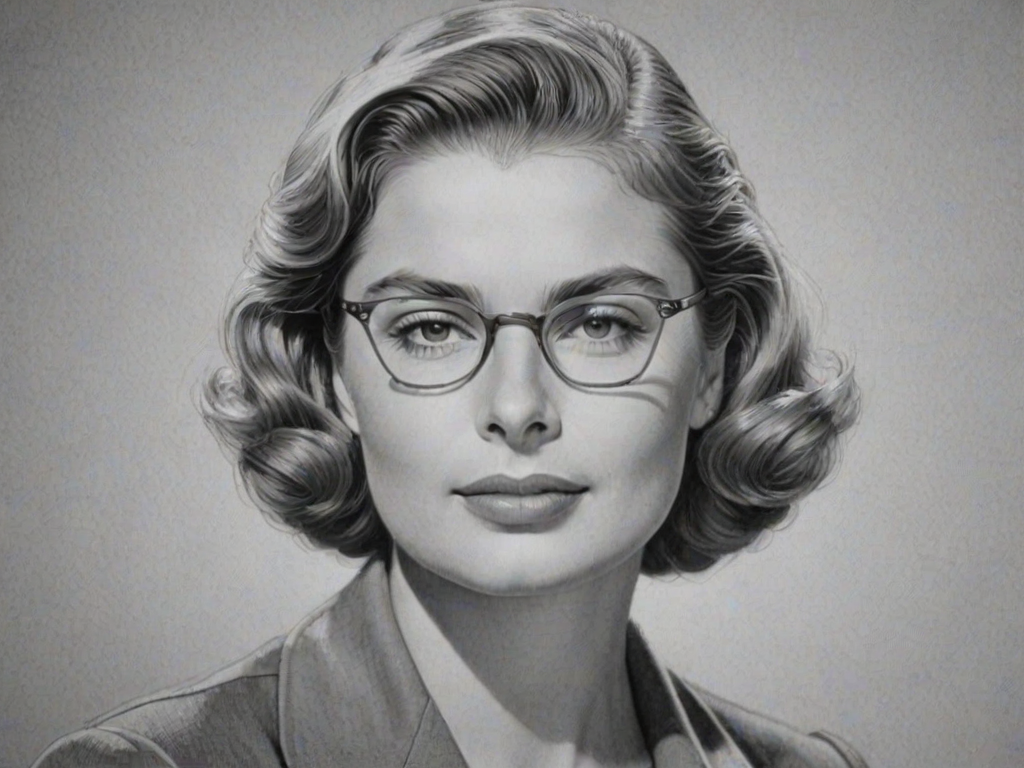 Dazzling Ingrid Bergman, pencil sketch, portrait of Wonderful woman 1943s in glasses, hair style beatnik, outline, clear lines, fine lines, 8k