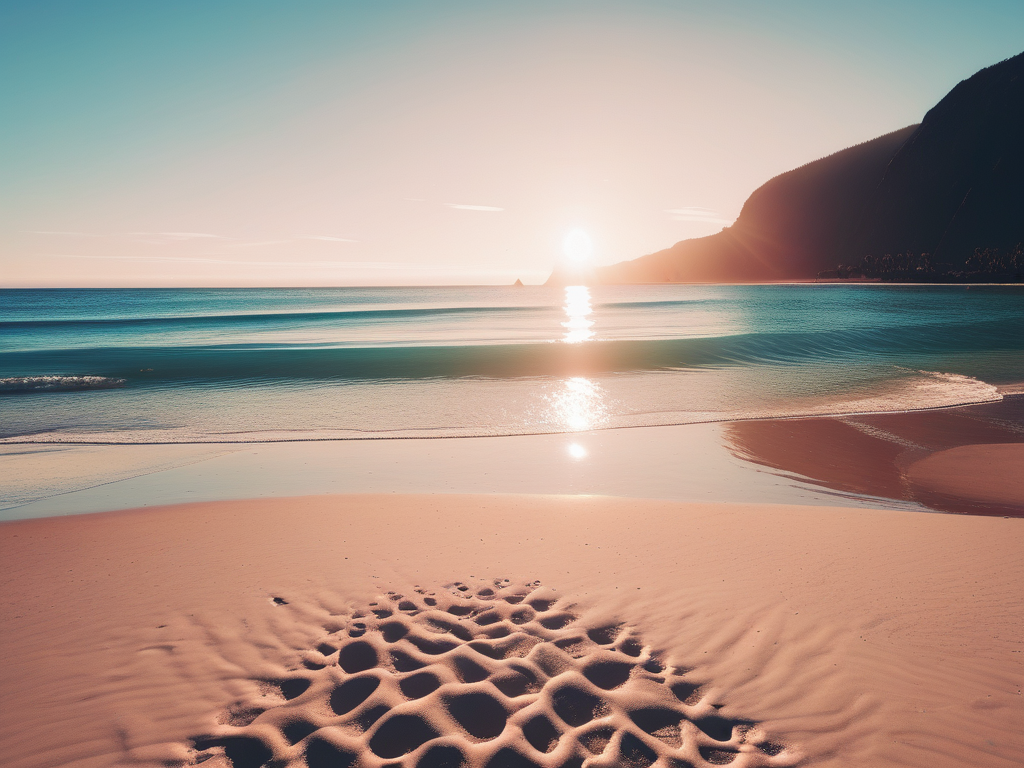 Serene Sunset Over Calm Ocean Waves and Tranquil Sandy Beach
