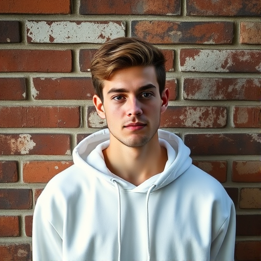 portrait of a young man in a white hoodie against a textured brick wall, soft natural lighting, shallow depth of field, 50mm lens, f/1.8 aperture, ISO 200, high dynamic range imaging, taken with a mirrorless camera