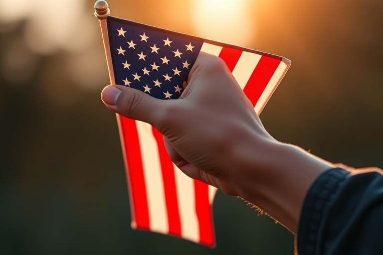 Generate an image of a hand holding the American flag, using a DSLR camera with a 50mm lens, f/2.8 aperture, ISO 100, natural light, and a shallow depth of field for enhanced clarity and color contrast.