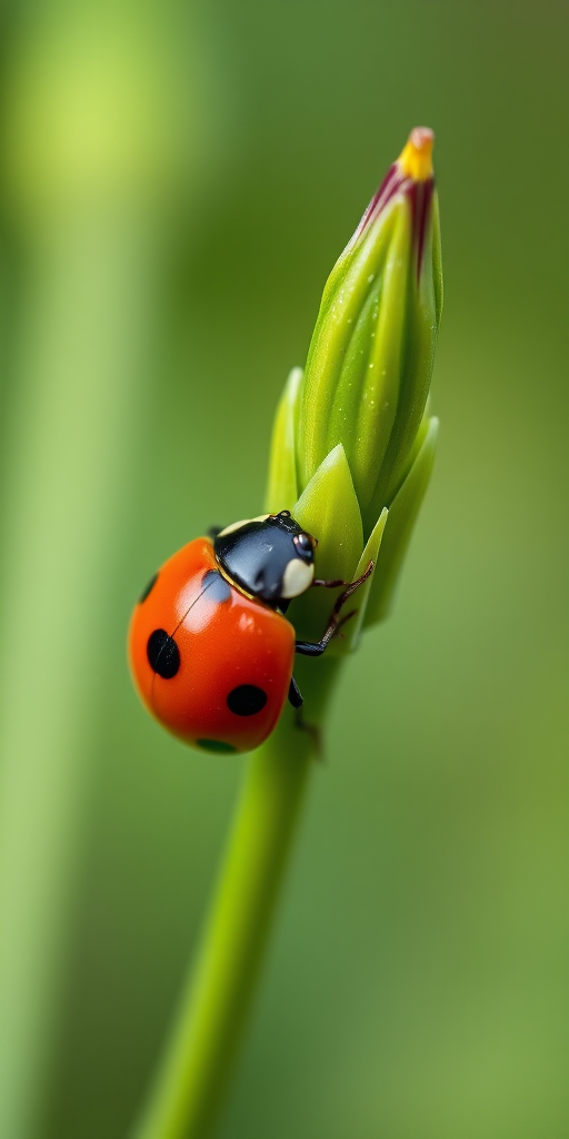 Close-up of a ladybug perched on a green plant, shallow depth of field, 50mm lens, f/2.8 aperture, ISO 200, natural light, macro photography, DSLR camera.