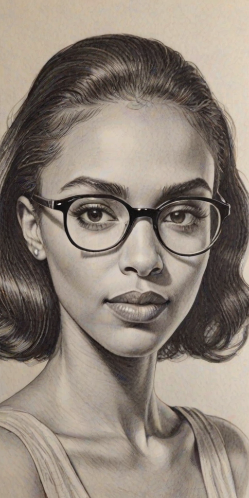Enticing Marsha Thomason, pencil sketch, portrait of Lovely woman 1938s in glasses, hair style beatnik, outline, clear lines, fine lines, 8k