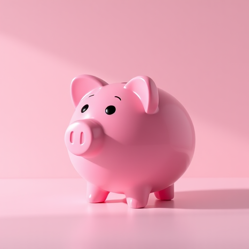 Generate a high-resolution 3D render of a glossy pink piggy bank positioned slightly to the right, using a Canon EOS R5, 50mm lens, f/2.8 aperture, 1/125s shutter speed, and soft natural lighting against a smooth gradient background.