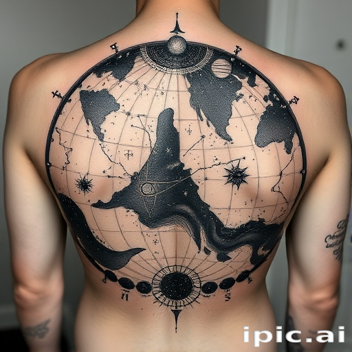 Intricate dotwork tattoo titled "Celestial Cartography" depicting a detailed star map of the night sky, with constellations connected by fine lines and celestial bodies rendered in meticulous stippling, incorporating subtle gradients to suggest depth and cosmic vastness, perfect for a full back piece