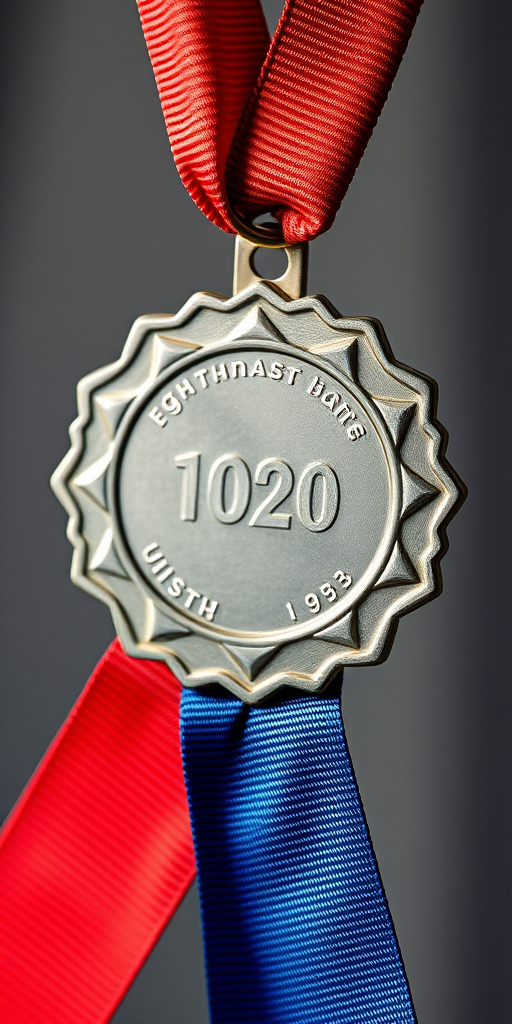 Create a detailed image of a silver medal with a star-shaped edge and red and blue ribbons hanging below it, shot with a Canon EOS 5D Mark IV, using a 50mm lens, at f/2.8, ISO 100, in bright natural light to enhance clarity and detail.