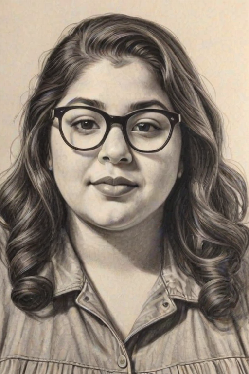 Sublime Raini Rodriguez, pencil sketch, portrait of Comely woman 1945s in glasses, hair style beatnik, outline, clear lines, fine lines, 8k