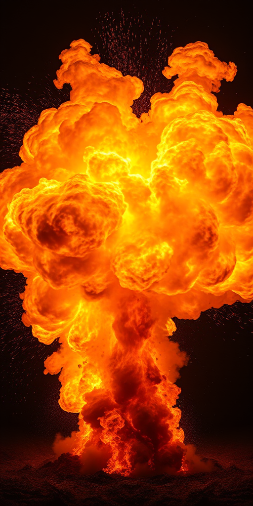 Create a high-resolution image of a dynamic explosion with vibrant orange and yellow flames, using a DSLR camera with a 50mm lens, aperture set to f/8, ISO 100, shooting in a wide-angle view to capture the full intensity and details of the fiery scene with enhanced contrast and brightness.
