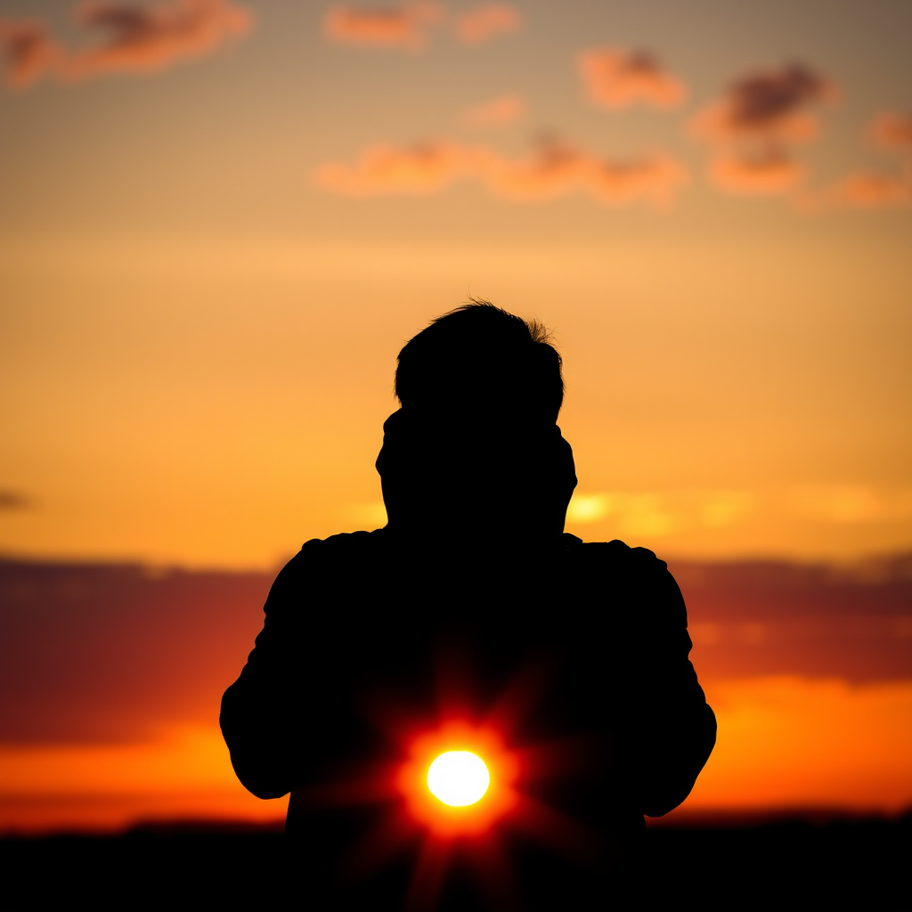 Create a high-contrast image of a silhouette against a sunset sky with a focus on vivid colors, using a DSLR camera with a 50mm f/1.8 lens, aperture set to f/2.8, ISO 200, and a shutter speed of 1/250s, capturing a wide-angle view for enhanced depth and detail.