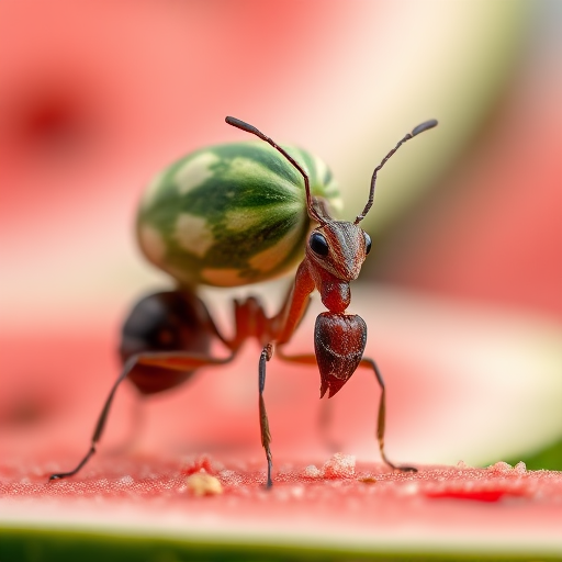 Create a hyper-realistic image of an ant carrying a small watermelon on its back, with a shallow depth of field, using a macro lens at f/2.8, ISO 100, and 1/200s shutter speed, with a soft bokeh background featuring blurred slices of watermelon.