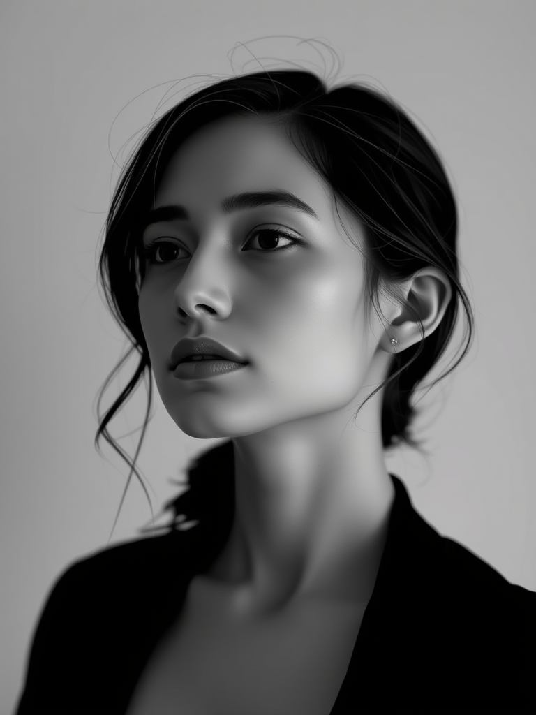 Generate a minimalist portrait of a woman in a continuous line art style, focus on her silhouette and expression with soft curves, use a high-resolution digital setting, aperture set to f/2.8 for a shallow depth of field, shot from a slightly elevated angle, using a mirrorless camera type to enhance image quality.