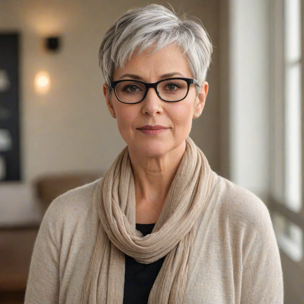 Portrait of a mature woman with short silver hair, styled in an asymmetrical pixie cut with side bangs. She wears black-framed glasses and a beige blouse with a white cardigan over it, as well as a bulky scarf in neutral tones. The woman is indoors with soft lighting and a blur in the background. Her expression is serene and confident, highlighting her elegance and modern style.
