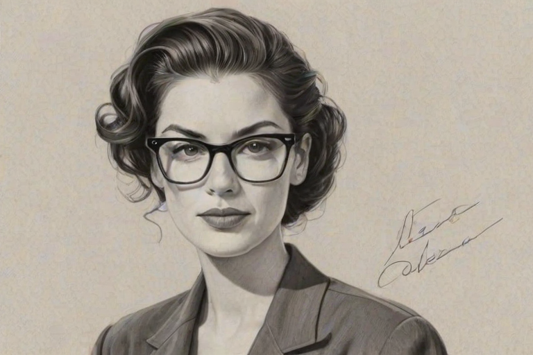 Sublime Alana De La Garza, pencil sketch, portrait of Radiant woman 1952s in glasses, hair style beatnik, outline, clear lines, fine lines, 8k