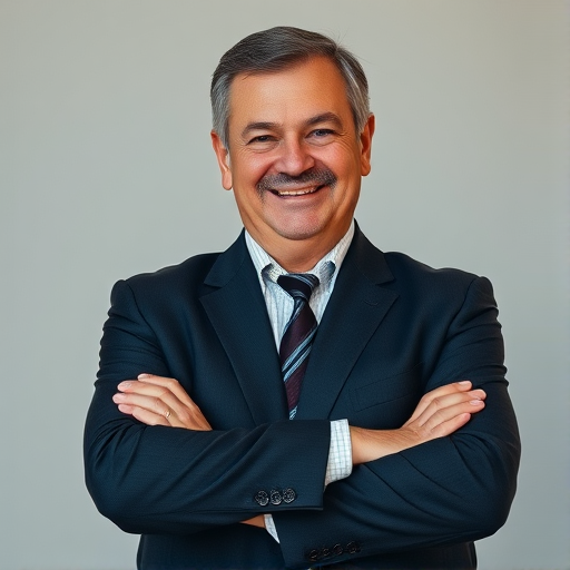 Create a high-resolution portrait of a smiling man in a suit with arms crossed, captured with a Canon EOS 5D Mark IV, using a 50mm f/1.8 lens, aperture set to f/2.8, ISO 100, natural lighting, frontal view, professional photography style, ensuring a clean background for maximum focus on the subject.
