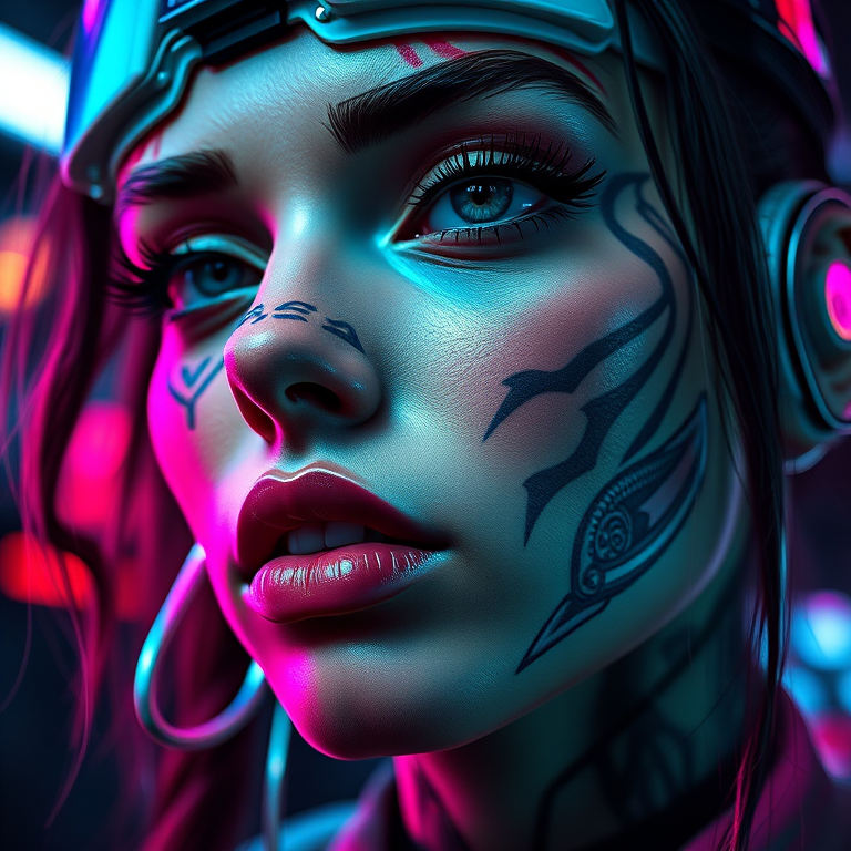 Create a hyper-realistic portrait of a futuristic cyberpunk woman with neon accents, featuring intricate facial tattoos and cybernetic enhancements; use an aperture of f/1.8, ISO 100, and a shutter speed of 1/200s; employ a close-up shot from a low angle with dramatic lighting effects; captured with a DSLR camera to enhance image quality.