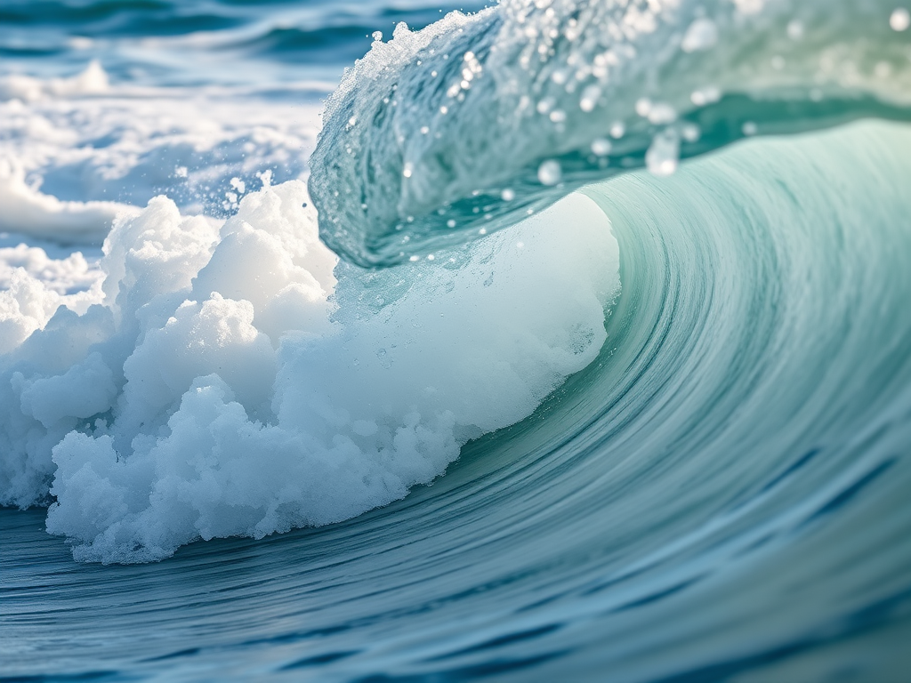 Capture a dynamic ocean wave with intricate foam details, use a Canon EOS R5, 24-70mm lens, f/8 aperture, ISO 200, shutter speed 1/1000 sec, taken from a low angle to emphasize wave height and texture, in vibrant natural lighting to enhance color depth.
