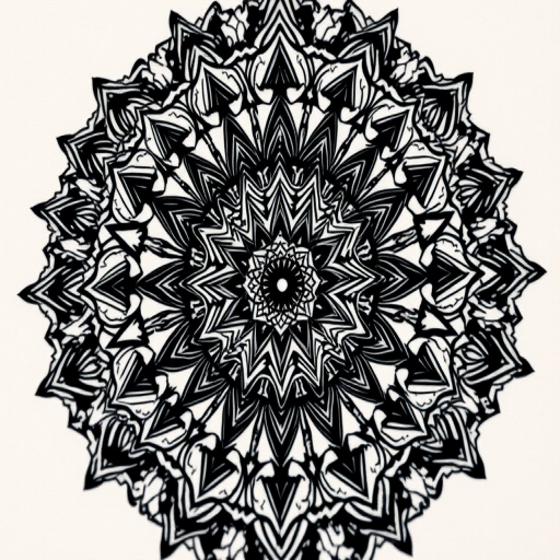 Blackwork tattoo "Shadow Realm" featuring intricate mandala designs and sacred geometry patterns in solid black ink, creating a mesmerizing optical illusion effect