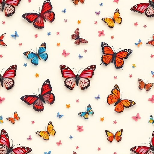 generate a high-resolution image of a seamless pattern featuring small, colorful butterflies on a light pastel background, using a Canon EOS R5, 50mm lens, f/8 aperture, ISO 100, with a focus on sharpness and clarity, high dynamic range, and soft natural lighting.