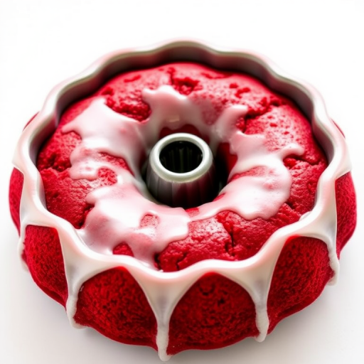 Red velvet cake in a bundt pan with a rich texture and vibrant red color topped with a glossy glaze on a white background.