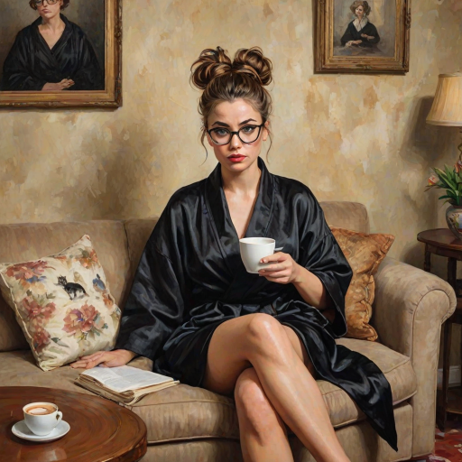 The words ‘Professional Overthinker’ (exact spelling) An exaggerated whimsical illustration of a cute silly lady with unruly messy brown bun and black glasses pouty lips and a thinking expression. Shes sitting on the couch, legs folded wearing a black silk robe, black fuzzy slippers. She’s holding her coffee cup and making a deep-in-thought face.  A quirky scruffy cat (dog) looking at her against a mottled, oil painting style soft background living room setting.