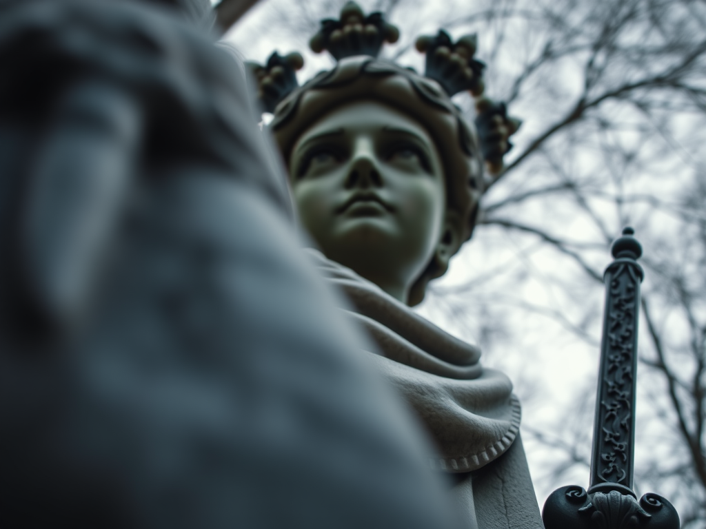Capture a close-up of a statue with dramatic low-angle perspective, using a full-frame DSLR camera set to f/2.8, ISO 100, 1/500s shutter speed, with a 50mm lens, maintaining a sharp focus on the statue while softly blurring the background for depth.