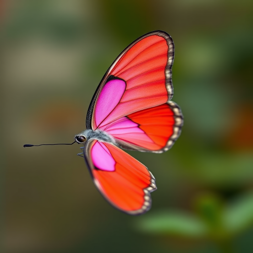 Create an image of a butterfly with one wing in bright pink and the other in a vibrant coral color, taken with a DSLR camera at f/2.8 aperture, 1/200 shutter speed, 50mm lens, and a shallow depth of field for a soft background.