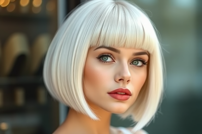 Stunning platinum blonde sporting a sleek, chin-length bob with blunt bangs, radiating modern chic and effortless confidence