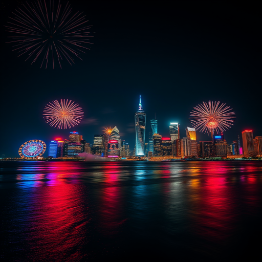 Capture a vibrant display of fireworks over a city skyline at night, with reflections in the water, using a Canon EOS R5, 24-70mm lens, f/8 aperture, ISO 100, 3 seconds exposure, tripod mounted, in a wide-angle view for enhanced detail and depth.