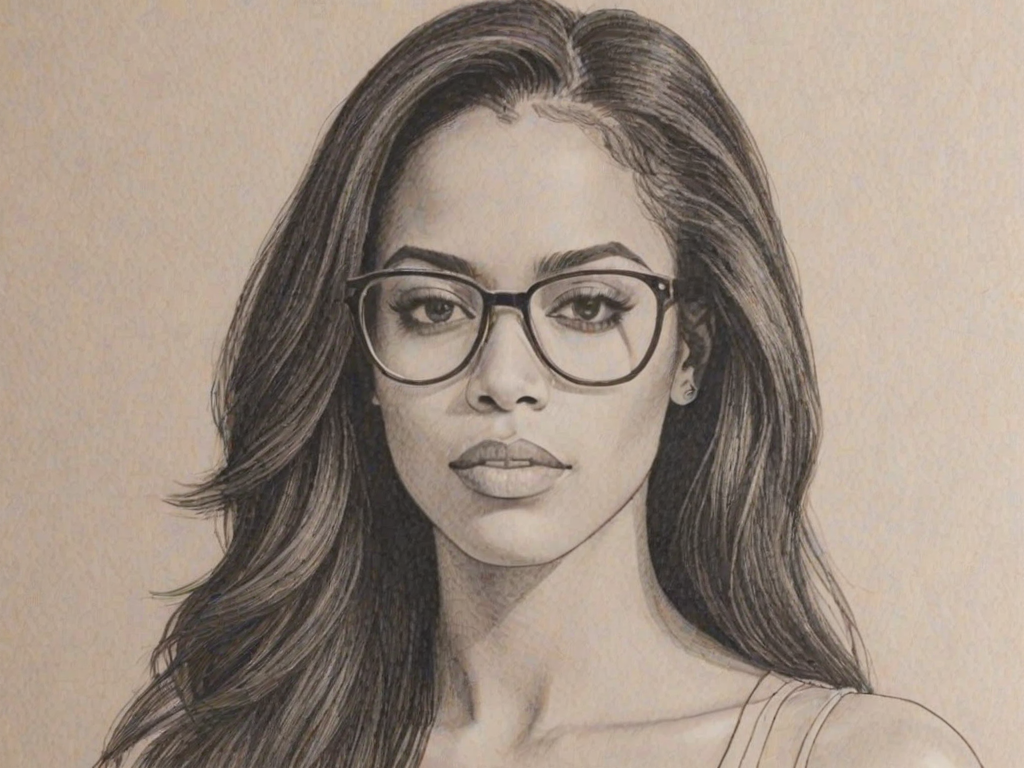 Captivating Aaliyah, pencil sketch, portrait of Alluring woman 1977s in glasses, hair style beatnik, outline, clear lines, fine lines, 8k