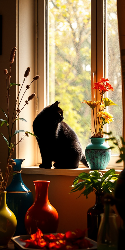 A cozy interior scene featuring a silhouette of a black cat on a windowsill, surrounded by colorful vases and plants in an abstract style, warm sunlight streaming through the window, captured with a Canon EOS R5, 35mm lens, f/8 aperture, 1/100 sec shutter speed, natural lighting for vibrant colors and sharp details.