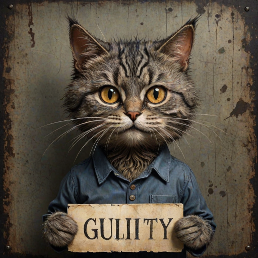 A comical cartoon-like scruffy cat, battered, dirty, with a mug shot and 'guilty' written on the board, in a whimsical and surreal art style with dark fantasy themes, dramatic lighting effects, minimalist and abstract touches, hyper-realistic details, textured backgrounds, vintage aesthetics, playful and exaggerated characters, gothic aesthetics, intricate designs, detailed patterns, and artistic composition