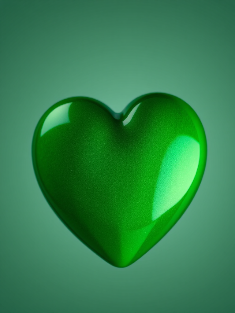 Create a high-resolution image of a glossy green heart, with a smooth gradient finish, using a Canon EOS 5D Mark IV, aperture f/2.8, ISO 100, and a focus distance of 50mm, taken from a straight-on perspective to enhance clarity and vibrancy.