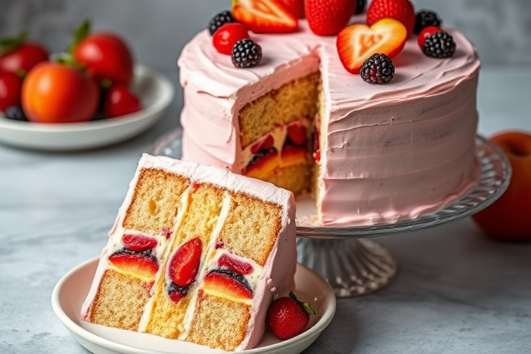 A beautifully decorated multi-layered cake with a smooth pink frosting topped with fresh strawberries, cherries, blackberries, and slices of peaches, displayed on a cake stand with a slice of the cake on a plate showcasing colorful layers of fruit and cream.