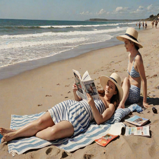 Bustling beach at midday, with families and friends scattered along the shore, a woman in a wide-brimmed hat lies on a striped towel, reading a magazine as the waves crash rhythmically in the background.