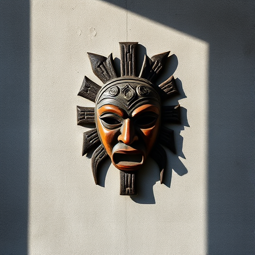 high-resolution image of a tribal mask on a textured gray wall, natural lighting, shallow depth of field, 50mm lens, f/2.8 aperture, ISO 100, captured with a DSLR camera from a slight angle to enhance shadows and details