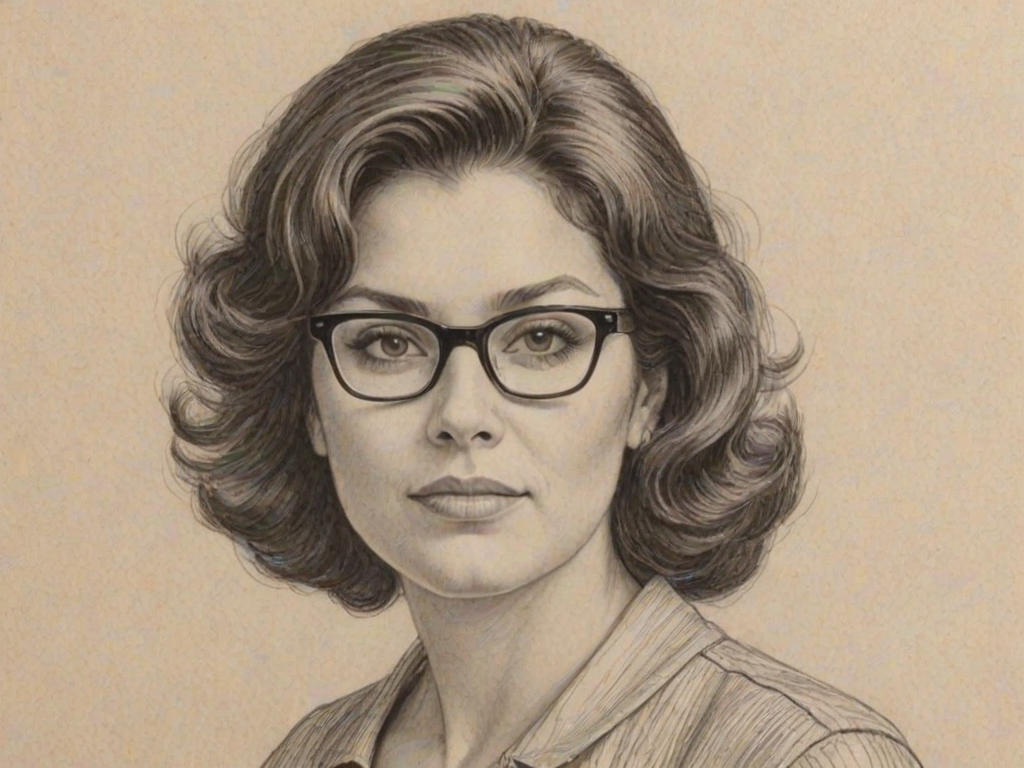 Lovely Aida Turturro, pencil sketch, portrait of Delightful woman 1960s in glasses, hair style beatnik, outline, clear lines, fine lines, 8k