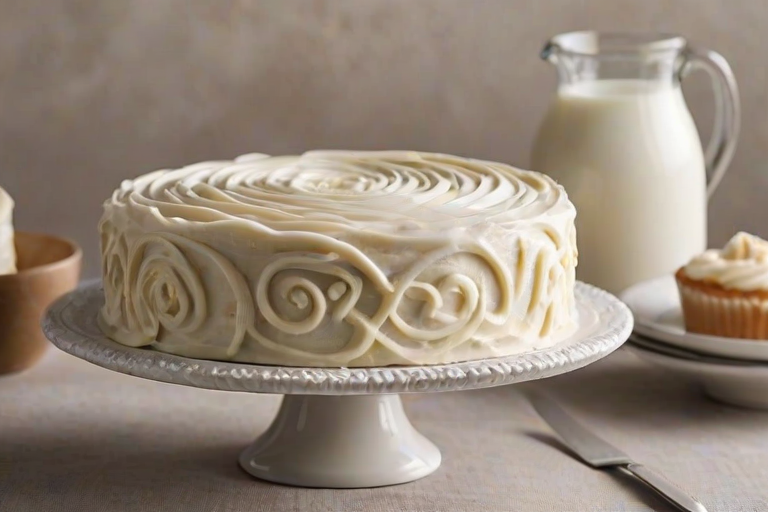 Create an image of a beautifully frosted cake with a smooth, creamy frosting that has a textured swirl design. The cake should be displayed on a white cake stand against a neutral background. Include a small bowl of milk in the background for a cozy touch.