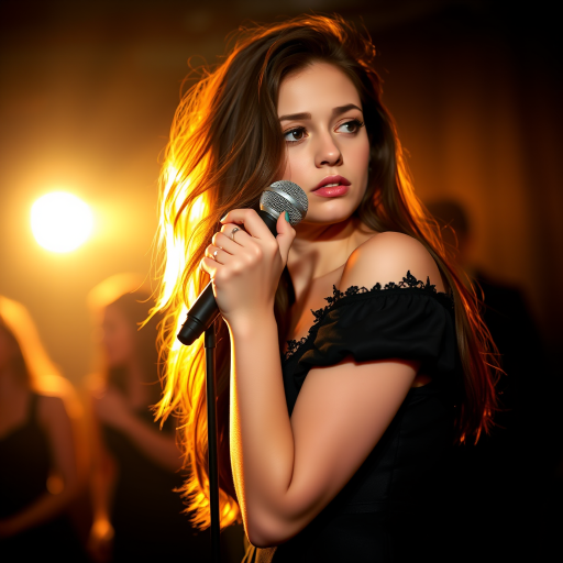 A young woman with long, flowing brown hair is standing in the center of the frame, holding a microphone in her right hand, and looking slightly off to the right side of the frame. She is wearing a black, off-the-shoulder dress with delicate lace detailing. The lighting is warm and dramatic, creating a spotlight effect on the singer. There are other figures in the background, blurred and out of focus, suggesting a concert or performance setting. The camera angle is low, capturing the woman from the waist up. The overall atmosphere is intimate and captivating.
