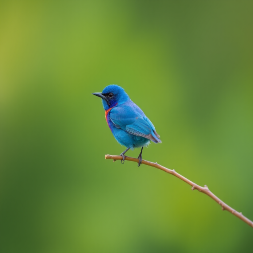A vibrant blue bird perched on a thin branch with a soft green background, captured with a Canon EOS R5, 200mm lens, f/4 aperture, ISO 100, at a shutter speed of 1/500s, using natural light and a shallow depth of field.