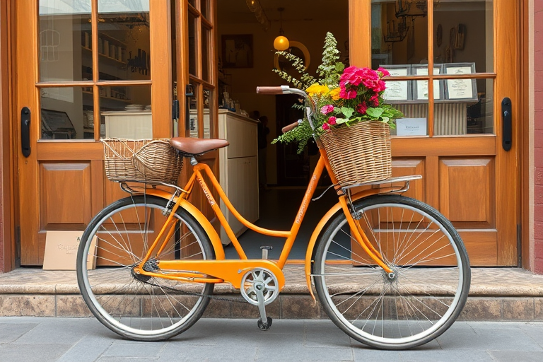 A vintage orange bicycle with a wicker basket filled with flowers parked outside a trendy shop with wooden doors and stylish interior decor.