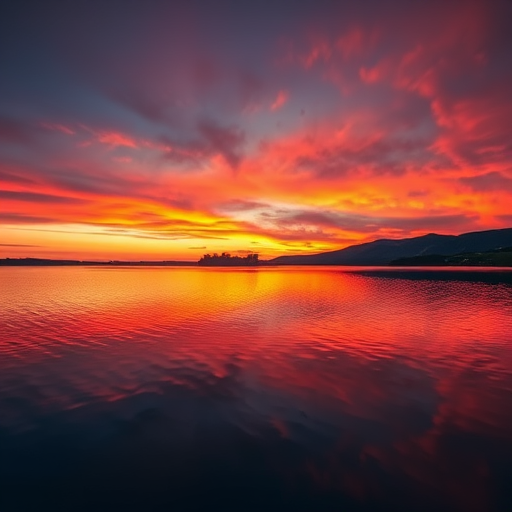 Create a high-resolution image of a serene sunset over a tranquil lake, with vibrant colors reflecting on the water, shot with a Canon EOS R5, focal length 50mm, aperture f/1.8, ISO 100, in a landscape orientation.
