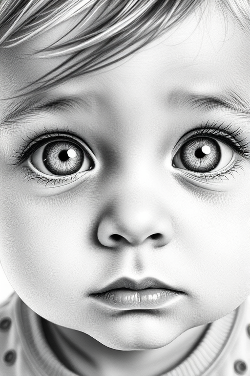 A hyperdetailed photorealistic black and white sketch of a beautiful toddler with deep white eyes, with a macro focus
