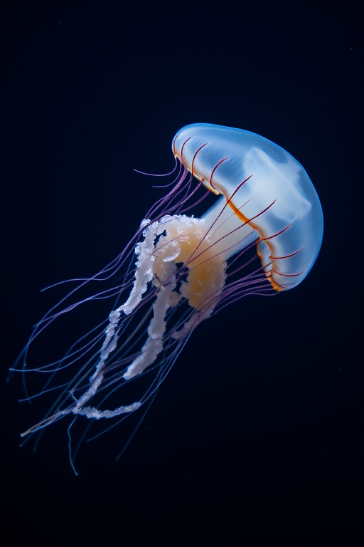 Underwater shot of jellyfish swimming gracefully in dark blue water, Canon EOS R5, 50mm lens, f/2.8 aperture, ISO 100, shutter speed 1/200s, soft focus background to enhance jellyfish details.