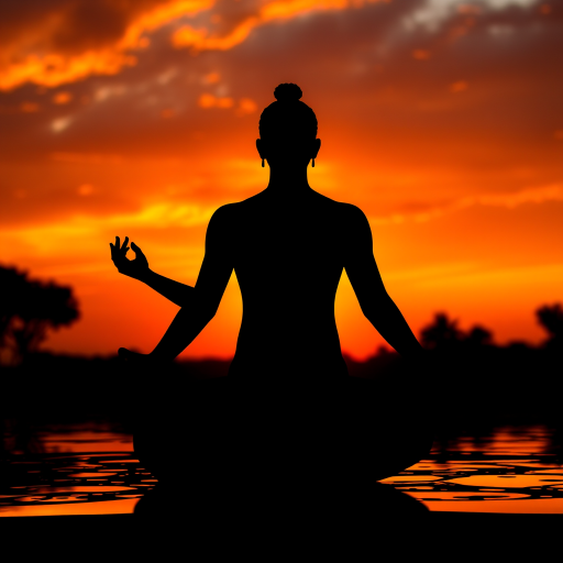 Regenerate a meditative silhouette against a vibrant sunset background with intricate patterns and a reflective water surface, captured at sunset with a DSLR camera, ISO 100, aperture f/8, shutter speed 1/60 sec, wide-angle lens, and in HDR style for enhanced detail and color contrast.
