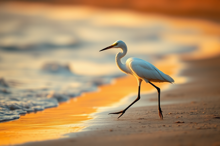 snowy egret walking along the shore at sunrise with soft natural lighting, shallow depth of field, 200mm lens, ISO 100, f/2.8, 1/500s, taken with a DSLR camera, vibrant colors and rich detail