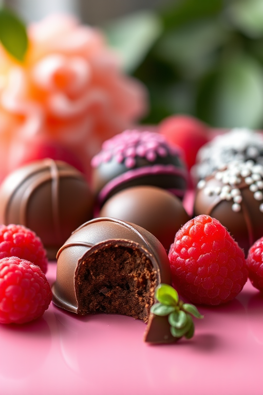 capture a close-up shot of assorted chocolate bonbons and fresh raspberries on a glossy pink surface, use a shallow depth of field with a 50mm lens at f/1.8, soft natural lighting, and a high-resolution DSLR camera
