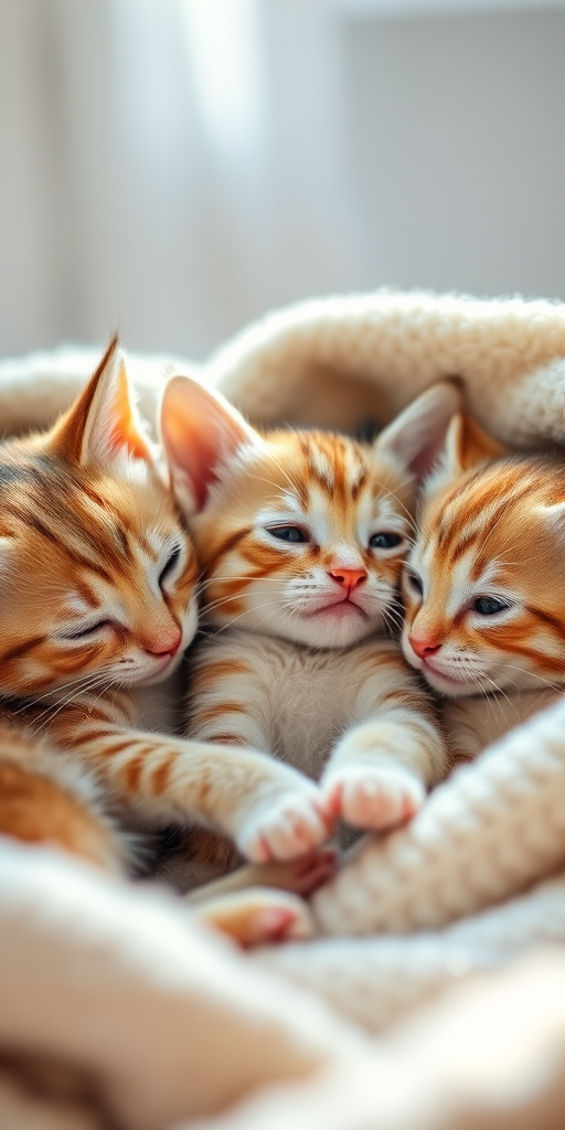 three adorable kittens snuggled together in a soft blanket, warm and cozy setting, natural light, shallow depth of field, 50mm lens, f/2.8 aperture, ISO 200, DSLR camera, soft focus background