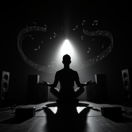 silhouette of a person meditating in a lotus position surrounded by musical notes and speakers, high contrast black and white, captured with a DSLR camera at f/2.8, ISO 100, 50mm lens, slight vignette for depth, over the shoulder view