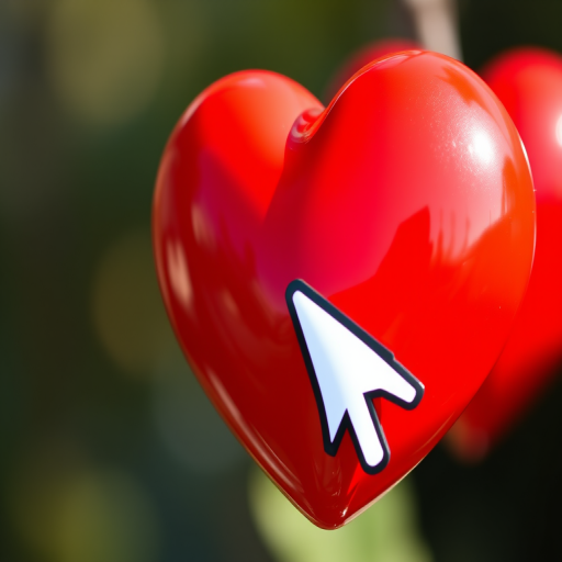 Create an image of a glossy red heart with a hand cursor clicking on it, using a DSLR camera at f/2.8 for shallow depth of field, 24mm focal length for a wide view, and natural lighting to enhance color vibrancy.
