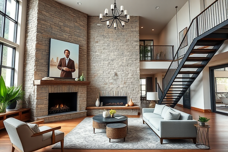 interior of a modern living room featuring a stone fireplace, elegant furniture, and a stylish staircase, soft natural lighting, wide-angle view, DSLR camera, f/8 aperture, ISO 200, 24mm lens, daylight white balance