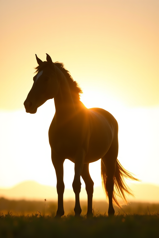 Regenerate a high-resolution silhouette of a horse, shot with a Canon EOS R5, 50mm lens, aperture f/1.8, ISO 100, in natural light with a soft focus background for a dreamy effect.